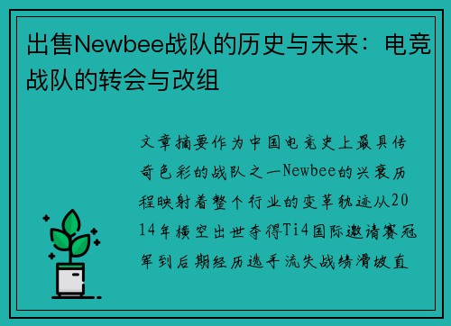 出售Newbee战队的历史与未来：电竞战队的转会与改组