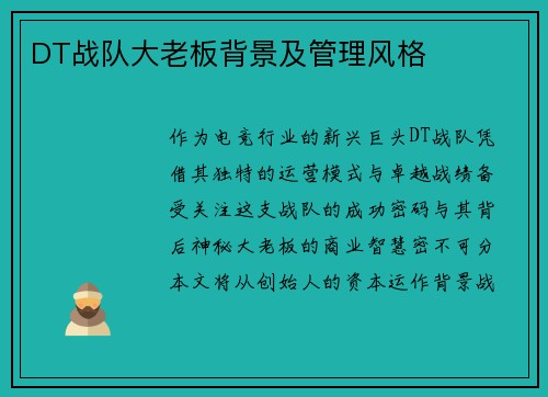 DT战队大老板背景及管理风格