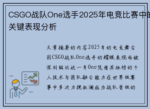 CSGO战队One选手2025年电竞比赛中的关键表现分析